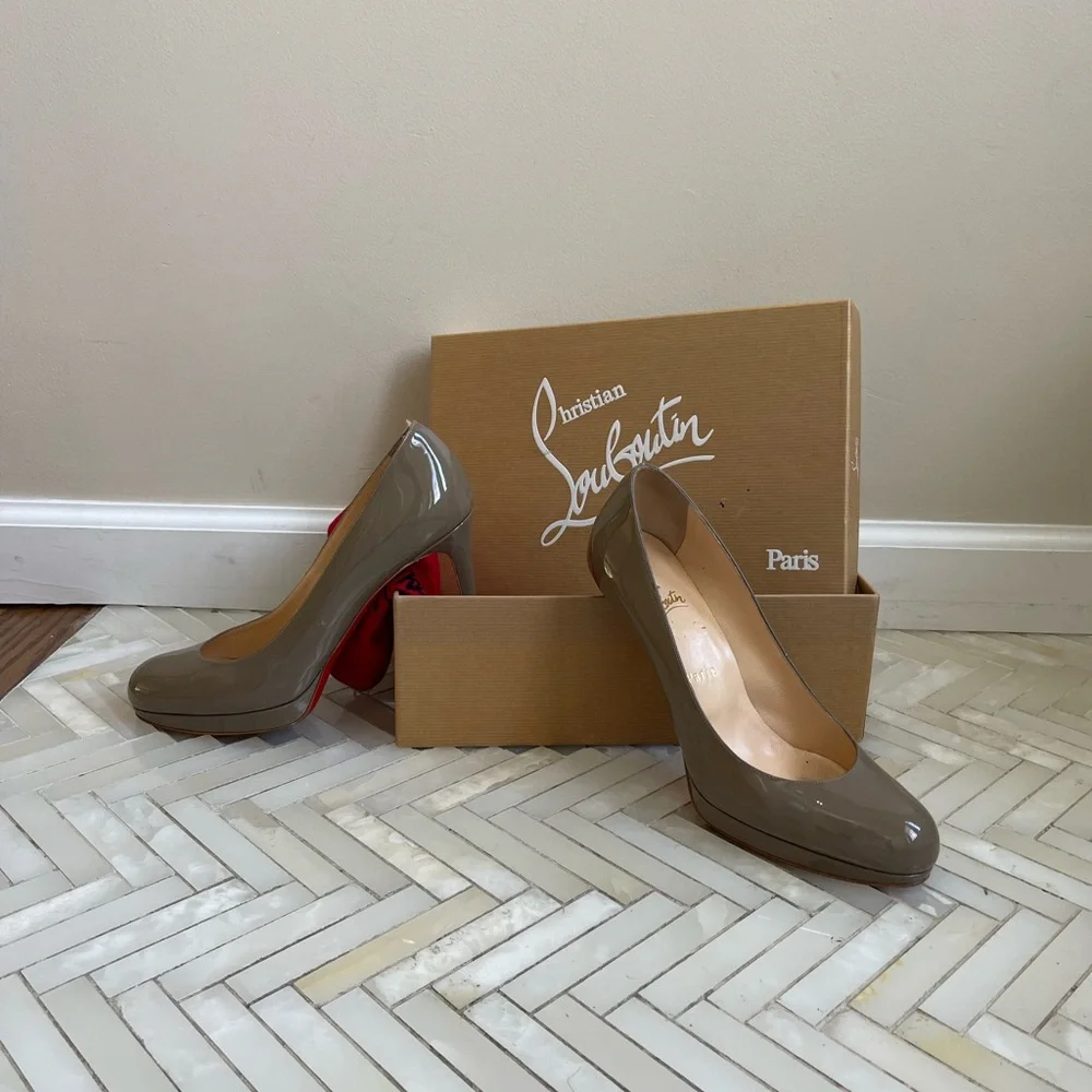 Christian Louboutin Taupe Patent Pointed-Toe Stilettos with Red Soles - Picture 3 of 4